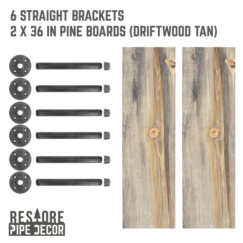 Restore Wood 36 in. Wall Shelf Straight Steel Pipe Brackets, Set of 2