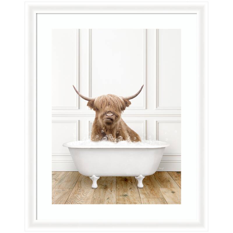 Kate and Laurel Highland Cow in Traditional Vintage Bathtub by Amy Peterson Framed Wall Art Print - 28 x 35 - White