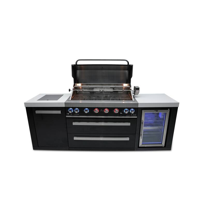 Mont Alpi MAi805-BSSFC 44-inch 6-Burner Black Stainless Steel Outdoor Kitchen Island Grill + Fridge Cabinet + Granite Countertop