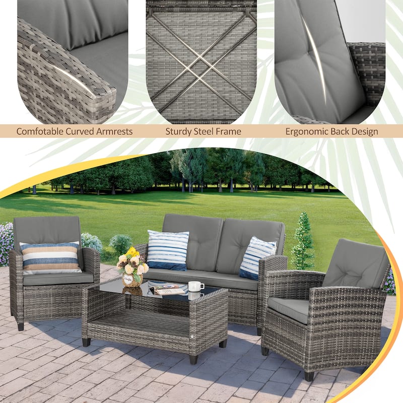 Outdoor 4-Piece Wicker Patio Conversation Sofa Set - N/A