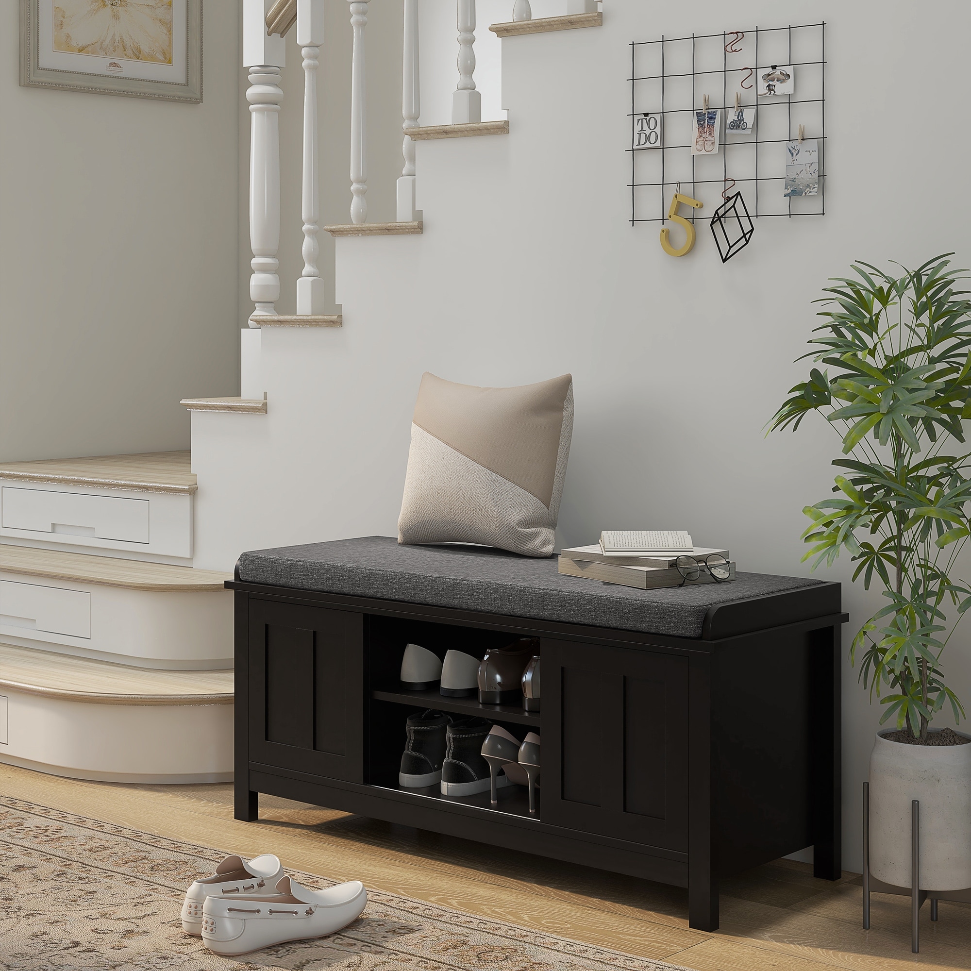 Black Entryway Storage Shoe Bench with Sliding Doors Cabinet and Linen Padded Seat Adjustable Shelves 6 Compartments