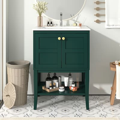 24'' Bathroom Vanity with Top Sink, Modern Bathroom Storage Cabinet with 2 Doors, Single Sink Bathroom Vanity,Green