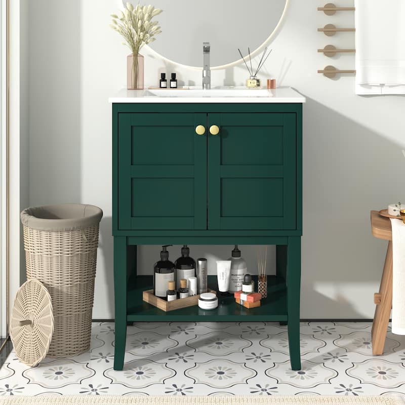 24'' Bathroom Vanity with Top Sink, Modern Bathroom Storage Cabinet with 2 Doors, Single Sink Bathroom Vanity - Green
