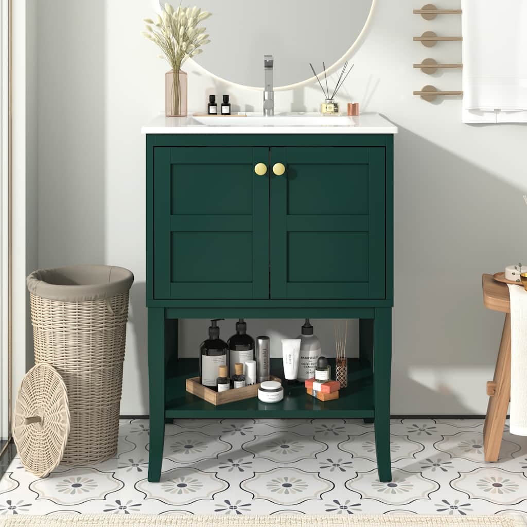Bathroom Vanity with Glossy Resin Basin, Solid Wood Feet, Soft-Closing Hinges, and Ample Storage Space