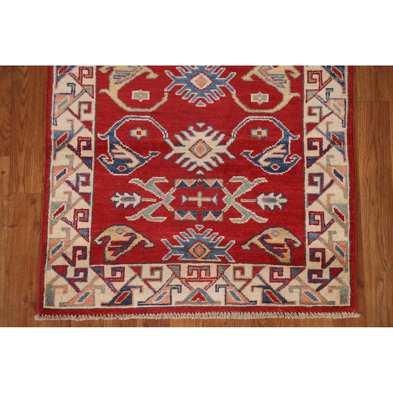 Red Geometric Kazak Oriental Traditional Wool Runner Rug Hand-knotted - 2'8" x 9'8"