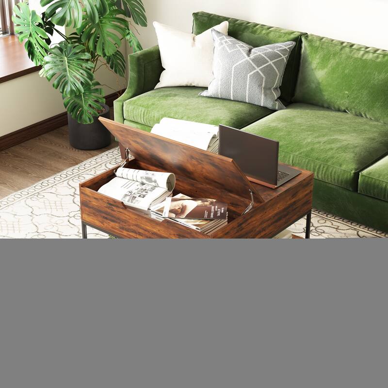 Farmhouse Flip Top Coffee Table with Storage - 31.5" Rustic Wood Grain Table, Hidden Storage Compartment for Living Room
