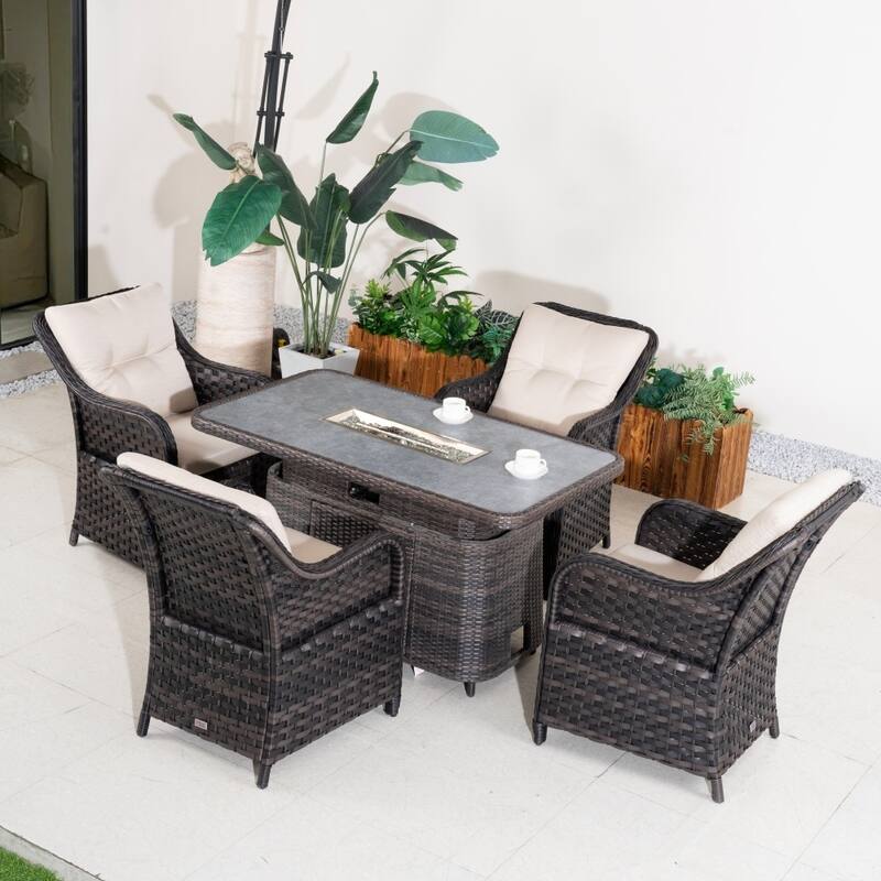 Outdoor Wicker Height-Adjustable Fire Pit Table Set with Rattan Chairs - Brown