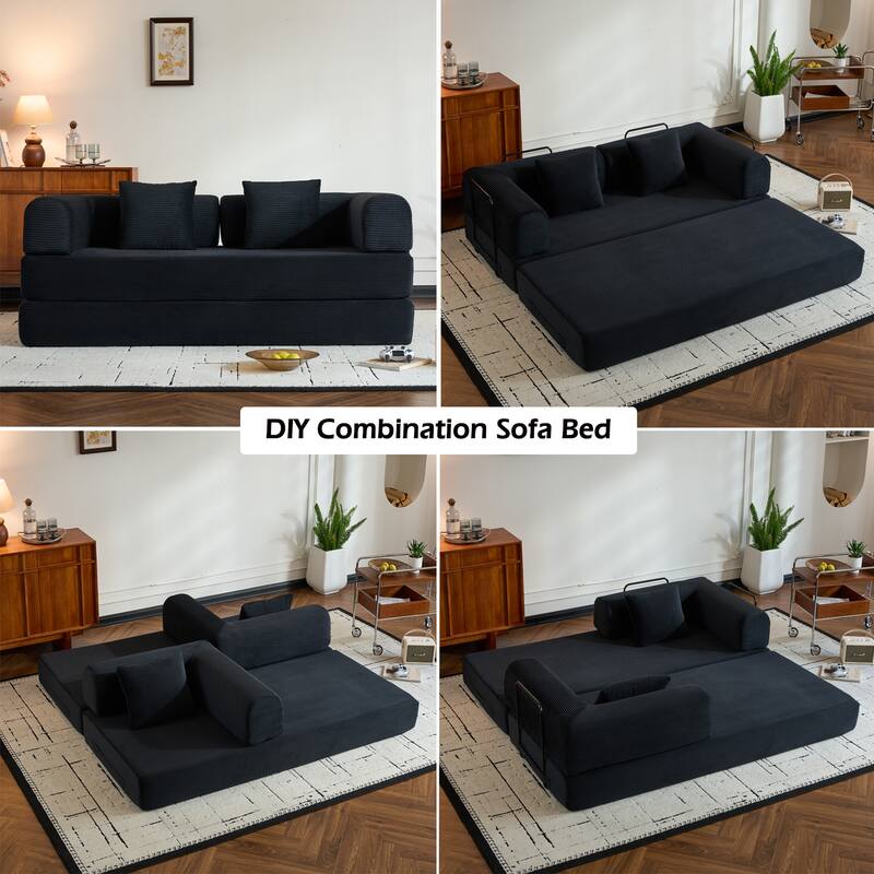 Convertible Corduroy Sleeper Sofa Bed, 4-in-1 Folding Mattress Couch with Cylindrical Pillow & Fixed-Shape Frame, No-Assembly