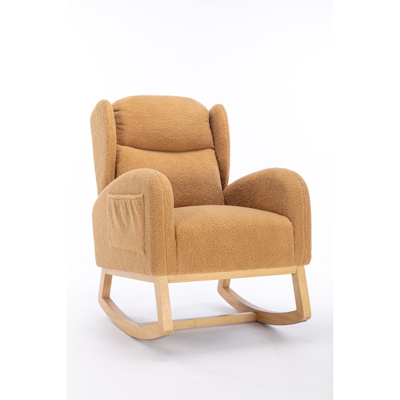 Glider Rocking Chair with Wing Back, Teddy Leisure Chair with Wood Legs, Upholstered Rocker Chair with Side Pocket
