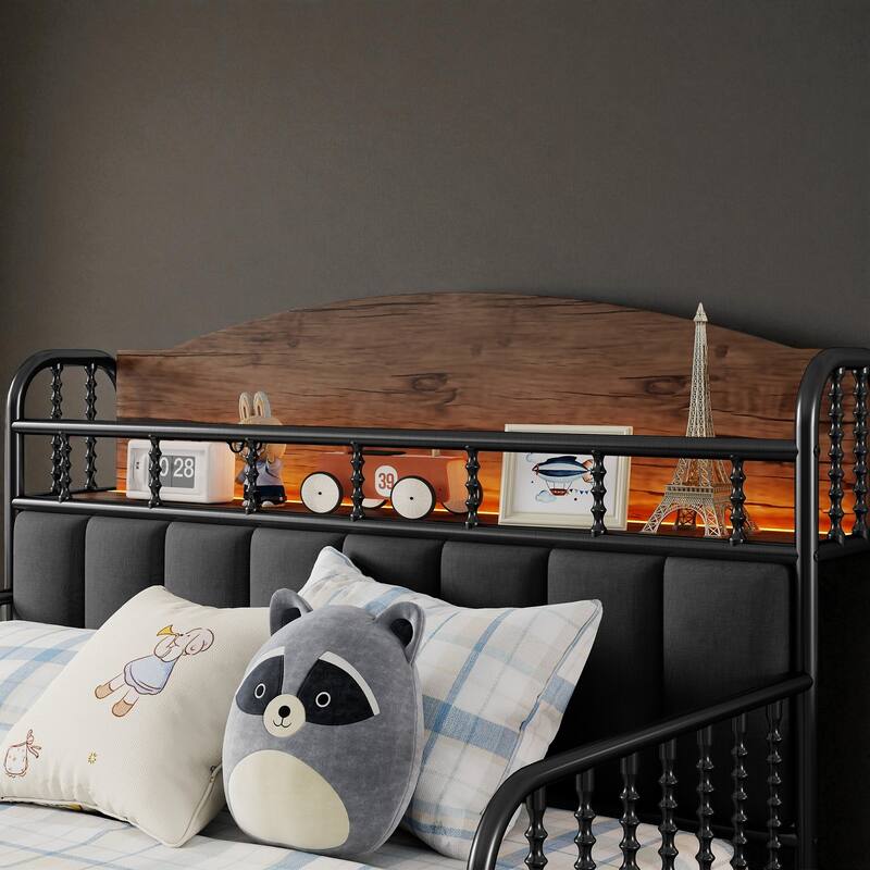 Twin/Full Size Metal Platform Bed with LED Lights and Upholstered Headboard, Kids Bed Frame with Storage Shelf