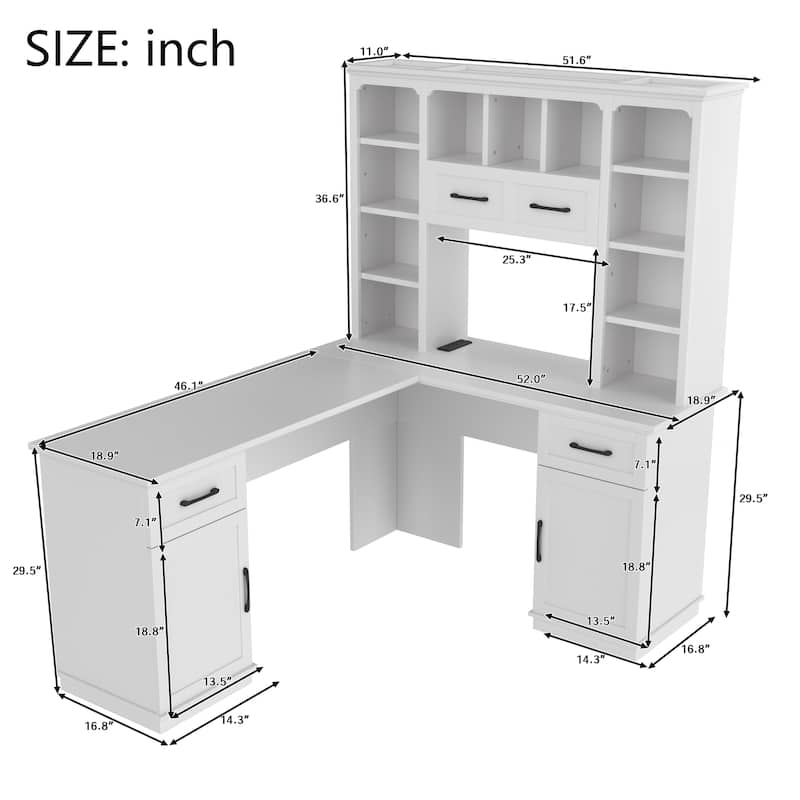 L-Shaped Computer Desk with 2 Cabinets and 2 Drawers,11 Open Shelves,with Electrical Outlet,for Study,Living Room and Office