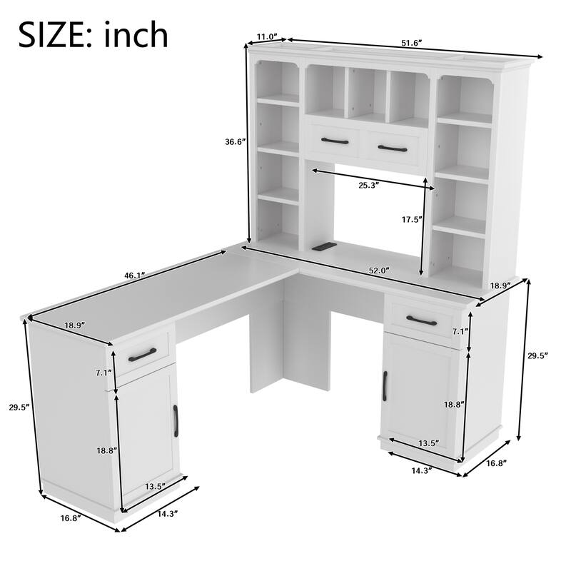 Roomfitters L-Shaped Computer Desk with Hutch, 2 Cabinets, 2 Drawers and 11 Open Shelves, with Power Outlet