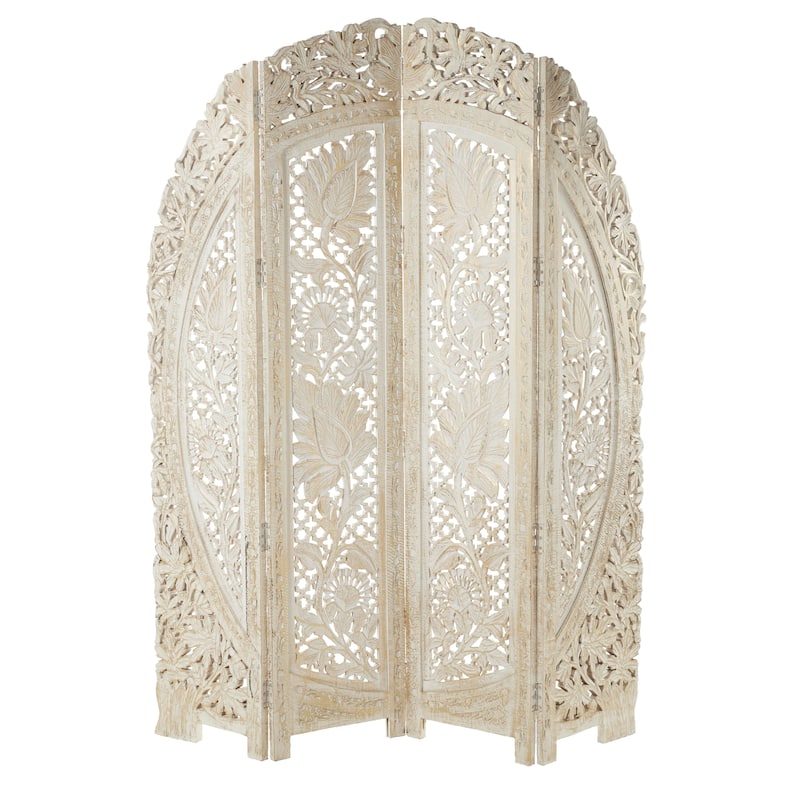 Wood Floral Handmade Foldable Arched 4 Panel Room Divider Screen with Intricately Carved Designs - White - Roche River Decor - White