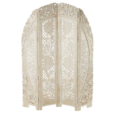 Wood Floral Handmade Foldable Arched 4 Panel Room Divider Screen with Intricately Carved Designs - White - Roche River Decor