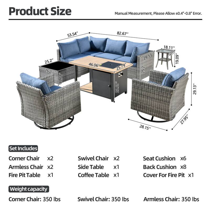 XIZZI 9-piece Outdoor Patio Wicker Sectional Sofa Set with Fire Pit Table