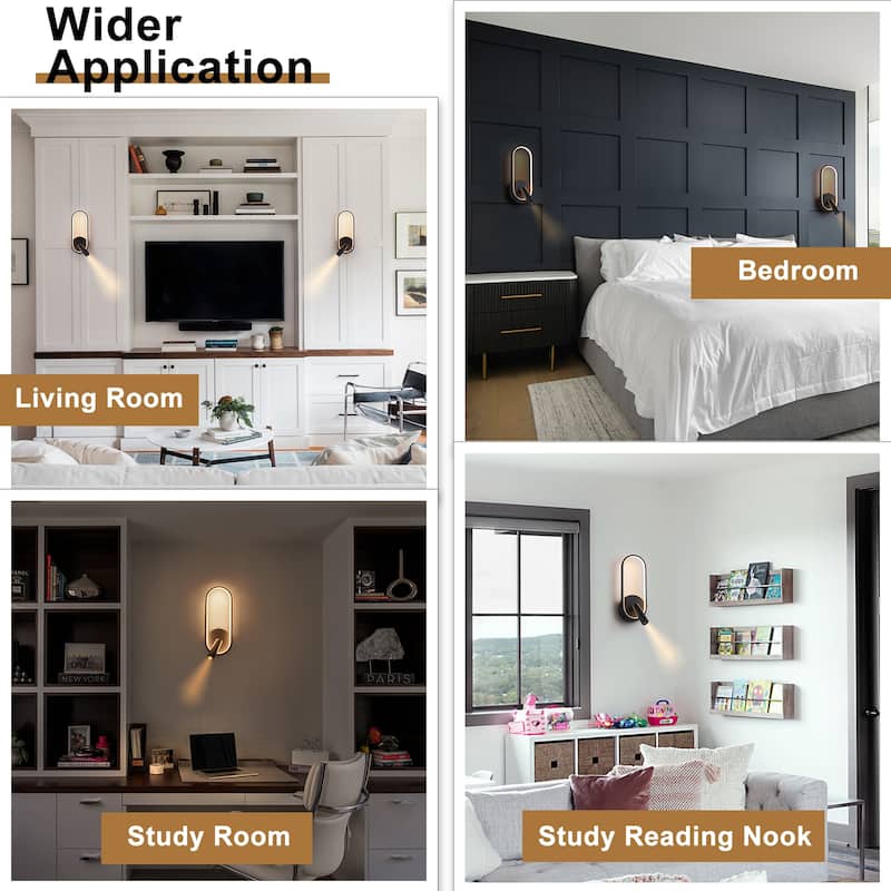 Modern Black LED Wall Sconce Oval Ring & Adjustable Spotlight Dimmable