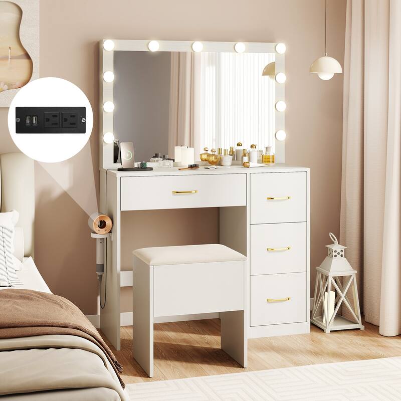 Vanity Desk and Stool Set with Lighted Mirror Built in Charging Station and Storage Drawers White - 35.5" x 16" x 53"