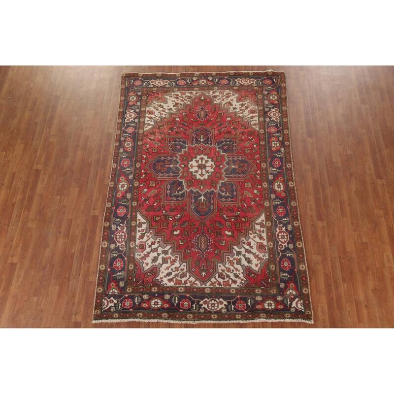 Hand Knotted Oriental 100% Wool Carpet Traditional Medallion Red Heriz Area Rug - 9' 6'' X 6' 3''