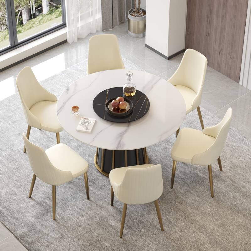 Modern 53" Round White Dining Table for 6 Person Marble Top Gold & Black Pedestal - with black turntable
