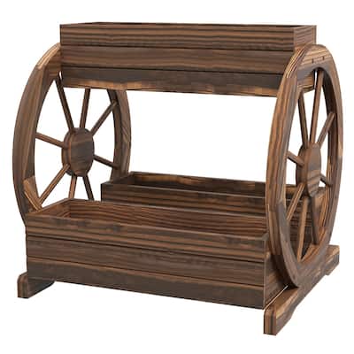 Carbonized Fir Wood Outdoor Raised Wooden Planter Box Set with Decorative Wheels - 25.25" L x 21.25" W x 23.5" H
