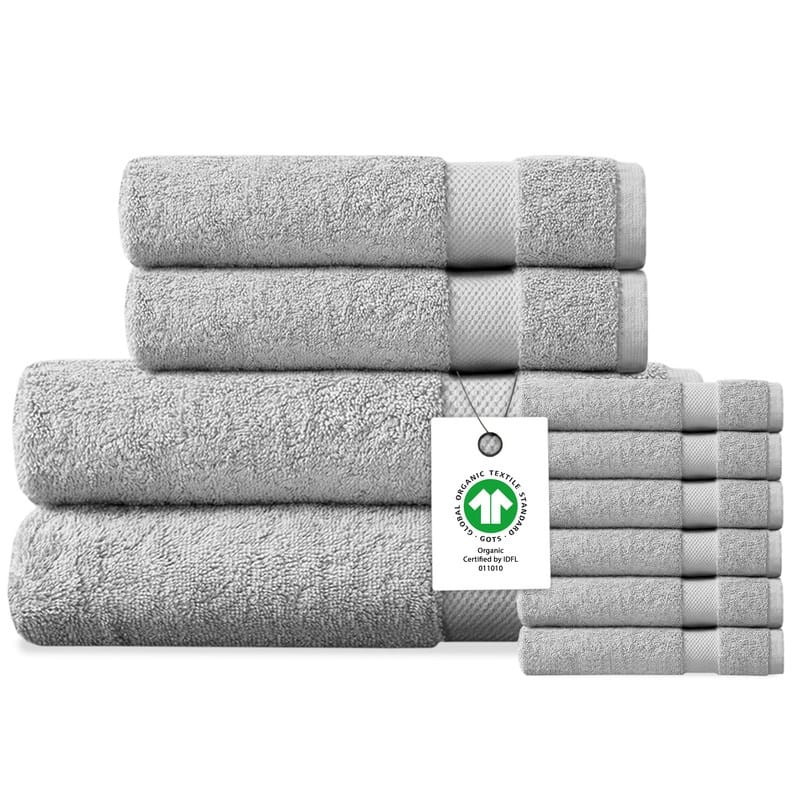 Delara Organic Cotton Luxuriously Plush Bath Towel 10 Piece Set | GOTS & OEKO-TEX Certified | 650 GSM Long Staple - Light Grey