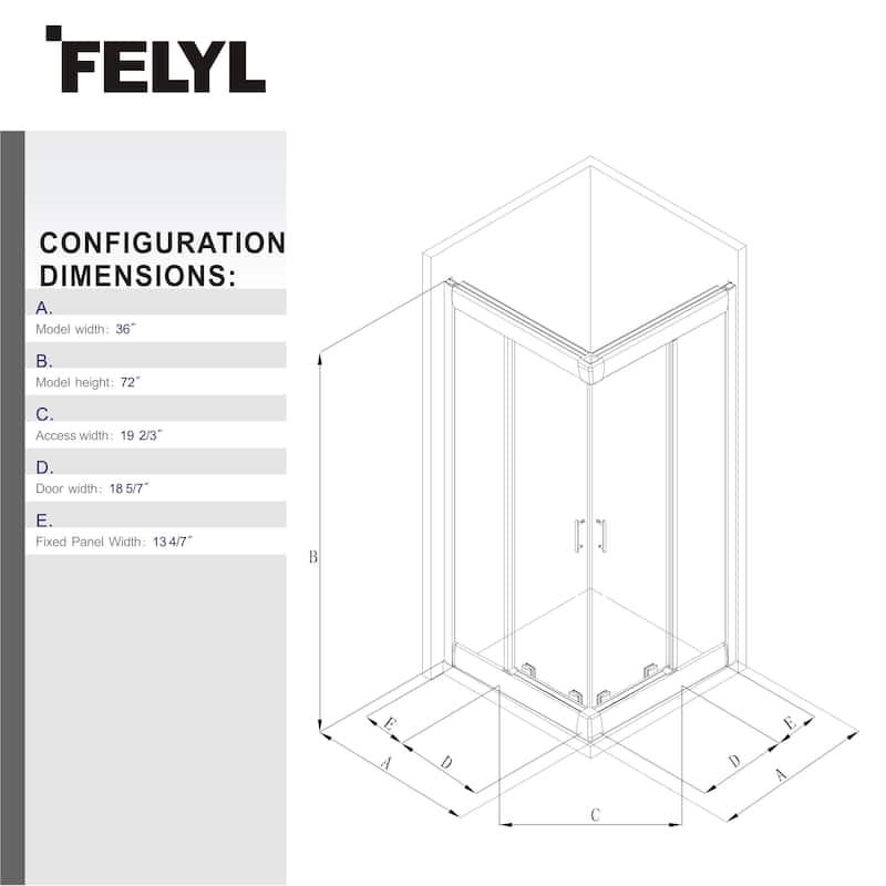 FELYL 36''W x 36''L x 72''H Aluminum Framed Double Sliding Corner Shower Enclosure Door