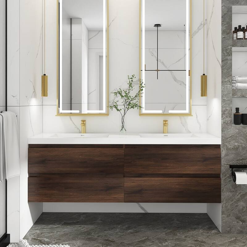 MDF Wall-Mounted Bathroom Vanity Set in Rose Wood with Integrated Culture Marble Sink