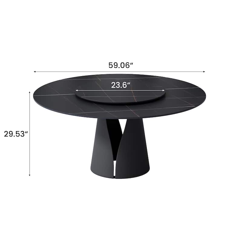 Modern Round White Dining Table，Sintered Stone Tabletop, Solid Black Carbon Steel Base