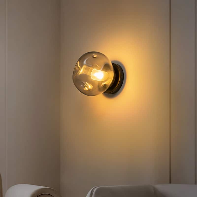 7.1" W Mid-Century Modern Matte Black Wall Sconce with Hand-Blown Smoked Gray/Pink Glass Shade for Bathroom, Staircase