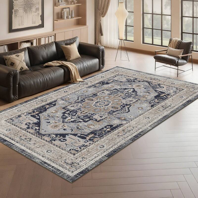 7FT x 5FT Vintage Bohemia Cotton Area Rug with Non-Slip TPR Backing for Indoor Living Room and Entryway - 6' x 7'