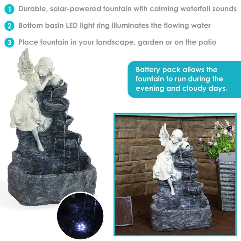 Sunnydaze Angel Falls Solar Outdoor Water Fountain w/ Battery 29" with LED Light
