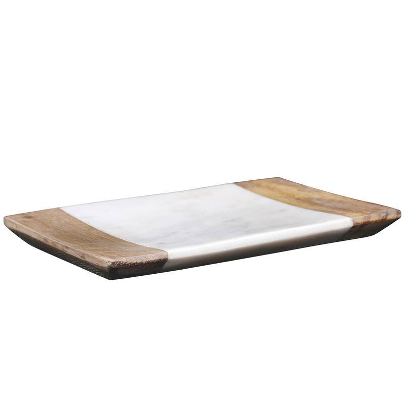 Creative Home Off-White Marble and Mango Wood Vanity Tray, Bath Towel Tray, Bathroom Accessory Organizer