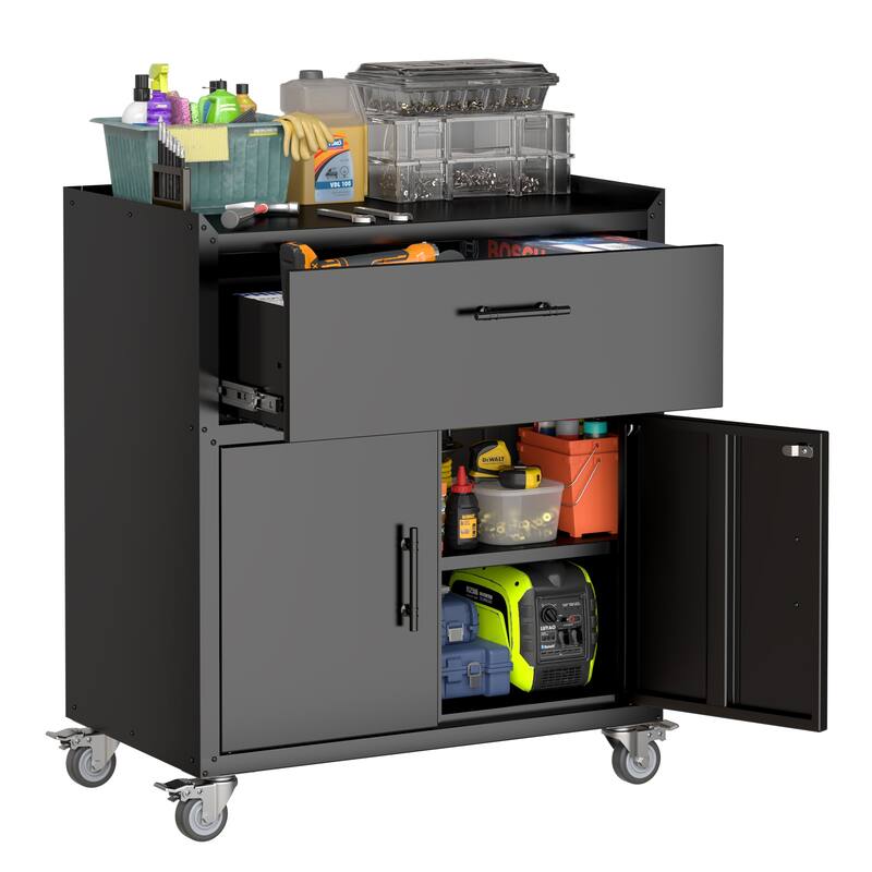 Black Metal Rolling Garage Storage Cabinet with Lockable Wheels and Adjustable Shelf - 30.31 x 18.11 x 31.49 in (L x W x H)