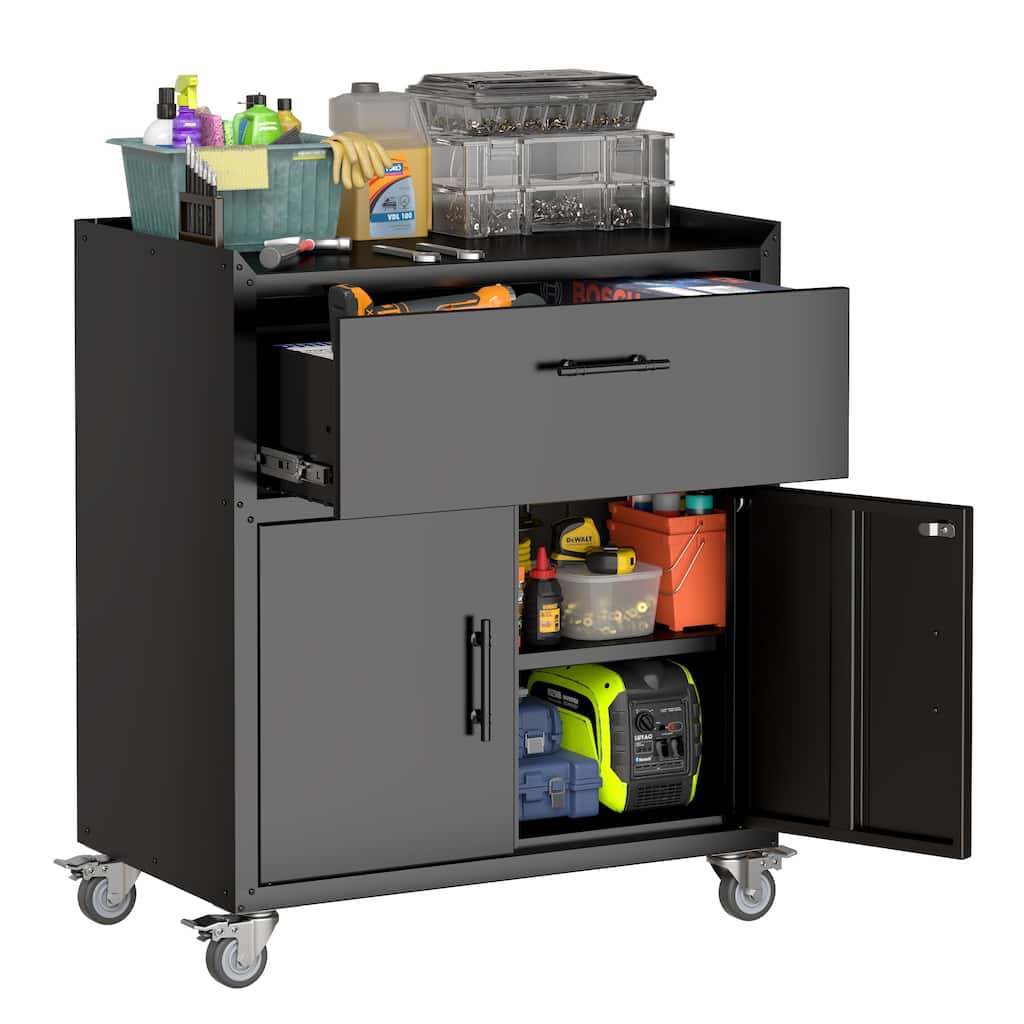 2 Door + 1 Drawer Tool Cabinets for Garage, Lockable Garage Storage Cabinet, with Wheels, Rolling Tool Chest