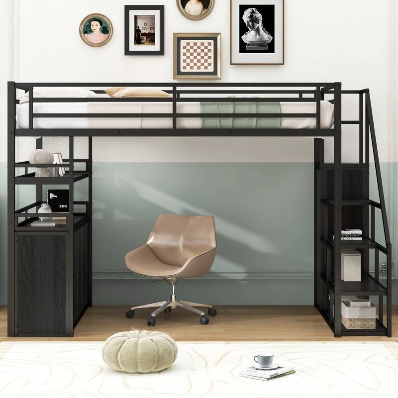 Full Size Metal Loft Bed with Storage Staircase, Wardrobe, Shelves and Lockers