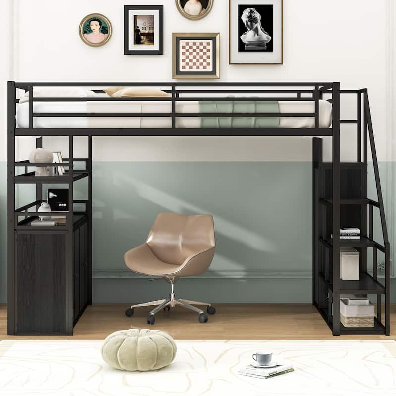 Metal Loft Bed with Storage Staircase and Wardrobe,Shelves and Lockers
