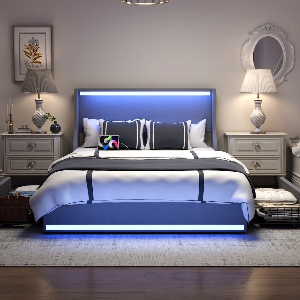 VECELO Modern LED Upholstered Platform Bed Frame with 2 Storage Drawers, USB & Type-C Ports, Full/Queen Size Bed