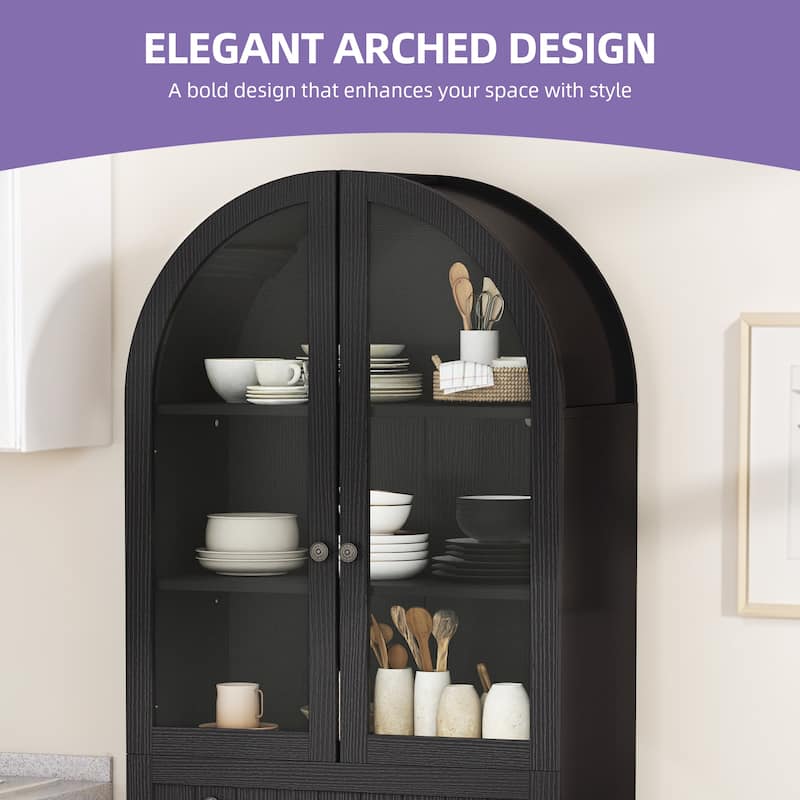 71 Inch Tall Farmhouse Arched Pantry Cabinet with Large Drawers and Adjustable Shelves for Kitchen Storage Organization