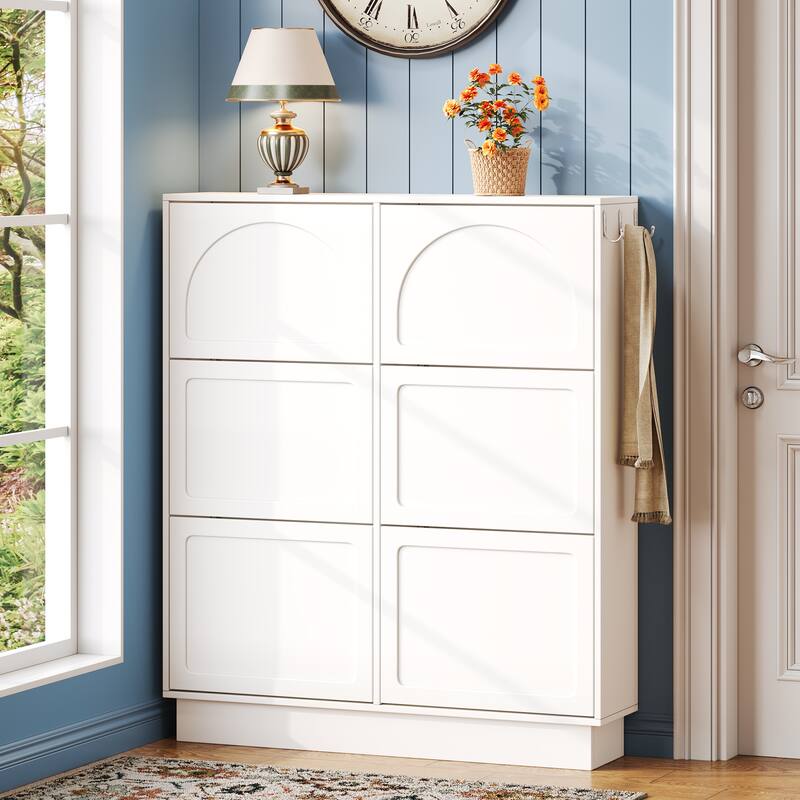 Narrow Shoe Cabinet with 6 Flip Drawers - Space Saving Entryway Organizer with Adjustable Shelf & 3 Hooks
