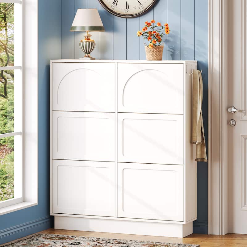 Sleek Cream-Colored Tipping Bucket Shoe Cabinet – Entryway Organizer with 6 Flip Drawers, Adjustable Shelf & 3 Silver Hooks - White