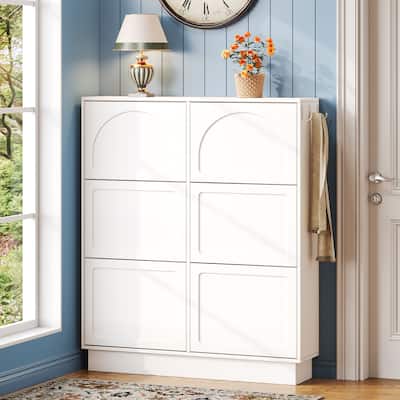 Sleek Cream-Colored Tipping Bucket Shoe Cabinet – Entryway Organizer with 6 Flip Drawers, Adjustable Shelf & 3 Silver Hooks