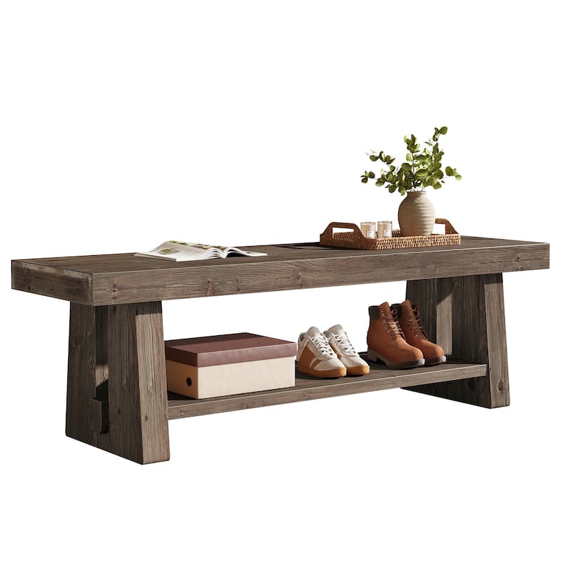 2-Tier Solid Wood Entryway Bench with Shelves, Dining Bed End Accent Seat for Dining Room Living Room Hallway Bedroom