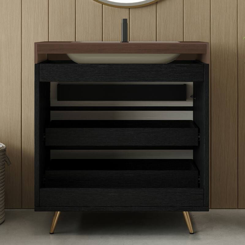 Modern Free-Standing Bathroom Vanity with Ceramic Vessel Sink & Durable Sintered Stone Top