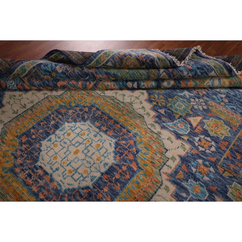 Blue Geometric Khotan Oriental Area Rug Handmade Wool Carpet - 8'9"x 11'11"