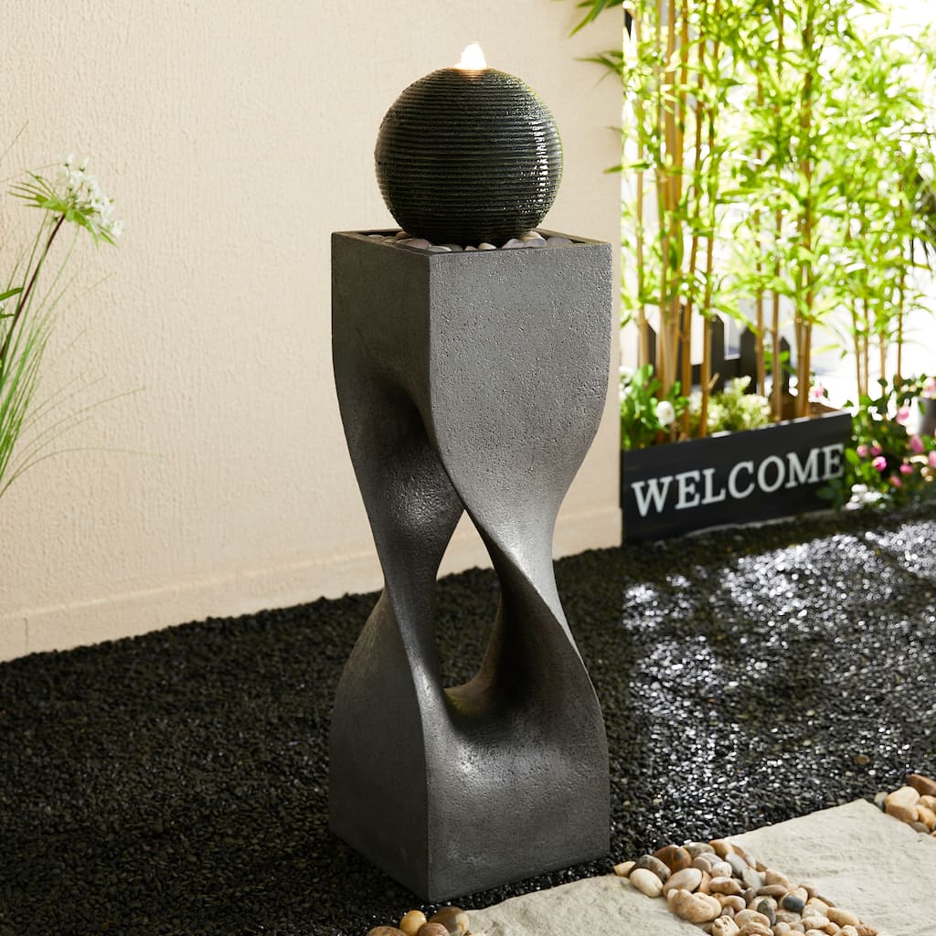 Glitzhome Modern Geometric Oversized Pedestal Sphere Polyresin Outdoor Floor Fountain with Pebbles