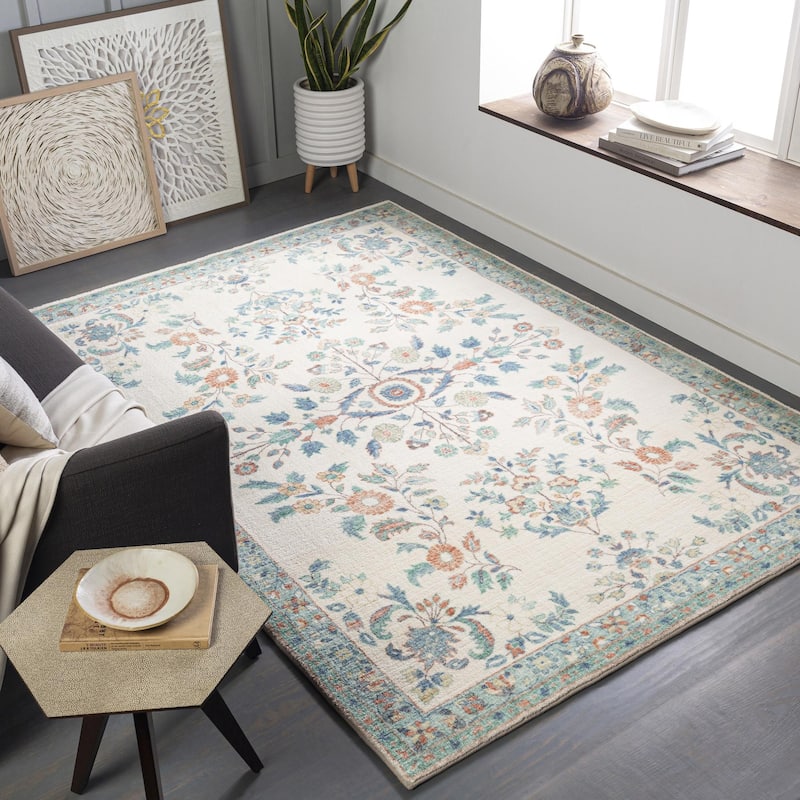Livabliss Erin Updated Traditional Floral & Botanical Area Rug - 2' 7" x 4' - Cream/Blue