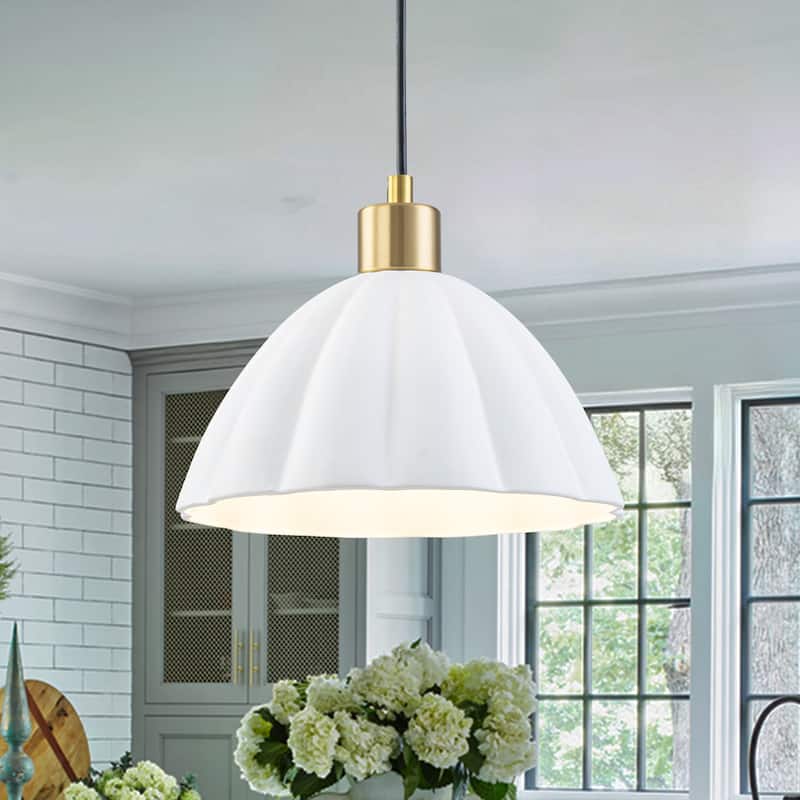1-Light Pendant Light with Fluted White Ceramic Dome & Brass Accents - Dia.9.65-in - Dia.9.65-in