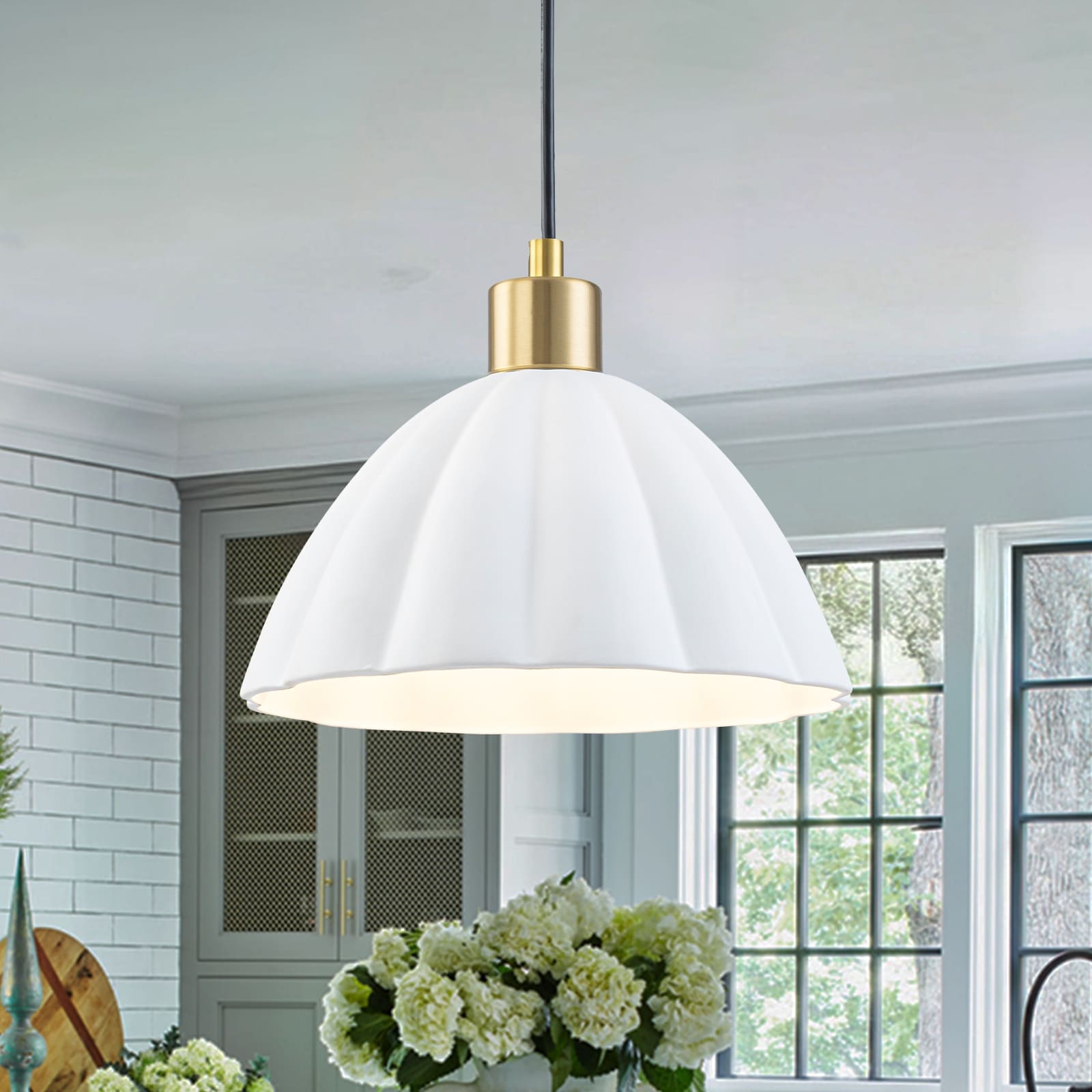 1-Light Pendant Light with Fluted White Ceramic Dome & Brass Accents - Dia.9.65-in