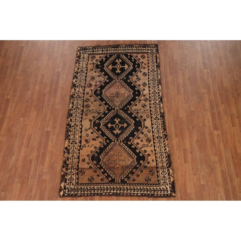 Hand Knotted Oriental 100% Wool Carpet Traditional Tribal Black Qashqai Area Rug - 7' 8'' X 4' 4''