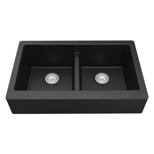 slide 2 of 70, Karran Retrofit Apron Front Quartz Double Bowl Kitchen Sink Black